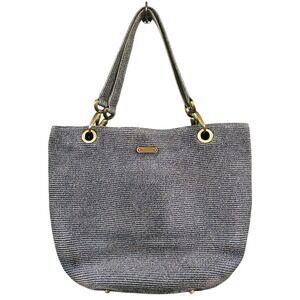 Eric Javits Woven Tote Bag Blue Tan Brass Accents Shoulder Bag